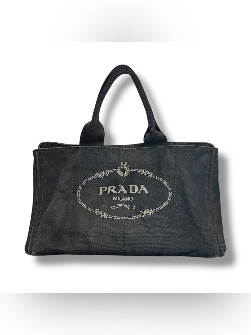 Prada Canapa Large GM Black Denim Canvas Tote Bag Distressed Vintage Italy